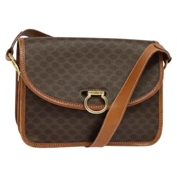CELINE Macadam Canvas Shoulder Bag PVC Leather Brown Gold Auth 122382